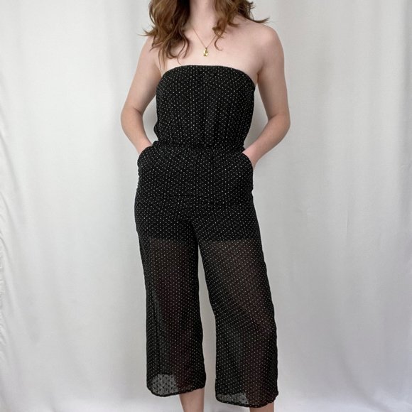 Vintage High Waisted Strapless Crop Sheer Straight Leg Jumpsuit Romper Tube Top - Picture 6 of 6